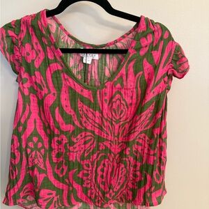 Velvet by Graham & Spencer Pink and Brown Flutter Sleeve Crop Blouse